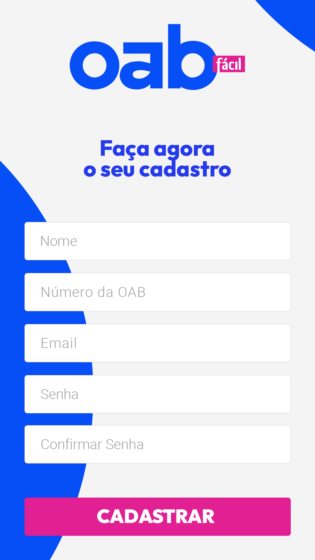 Tela de cadastro com nome, número da OAB, e-mail e senha.