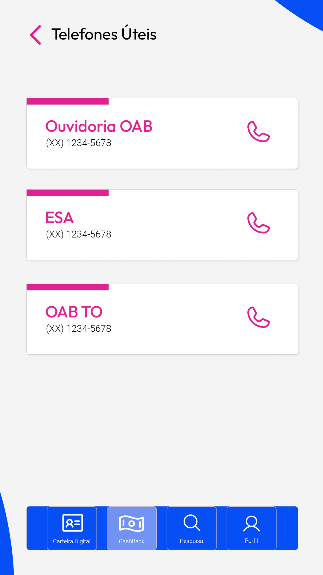 Lista de telefones úteis com Ouvidoria, ESA e OAB TO.